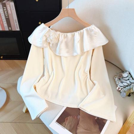 FA53231# 法式高级感设计感长袖T恤女装秋冬一字肩花朵短款荷叶边上衣 服裝批發女裝批發服飾貨源