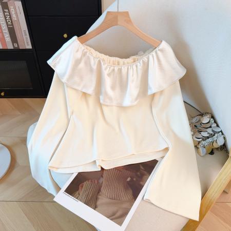 FA53231# 法式高级感设计感长袖T恤女装秋冬一字肩花朵短款荷叶边上衣 服裝批發女裝批發服飾貨源