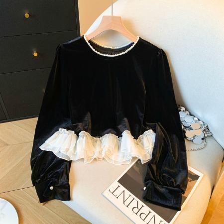 FA53234# 法式重工钉珠圆领丝绒衬衫女春季独特打底衫撞色裙摆上衣 服裝批發女裝批發服飾貨源