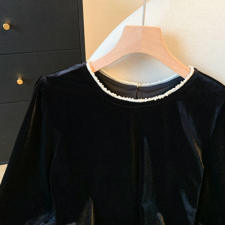 FA53234# 法式重工钉珠圆领丝绒衬衫女春季独特打底衫撞色裙摆上衣 服裝批發女裝批發服飾貨源