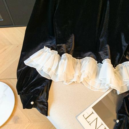 FA53234# 法式重工钉珠圆领丝绒衬衫女春季独特打底衫撞色裙摆上衣 服裝批發女裝批發服飾貨源