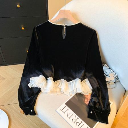 FA53234# 法式重工钉珠圆领丝绒衬衫女春季独特打底衫撞色裙摆上衣 服裝批發女裝批發服飾貨源