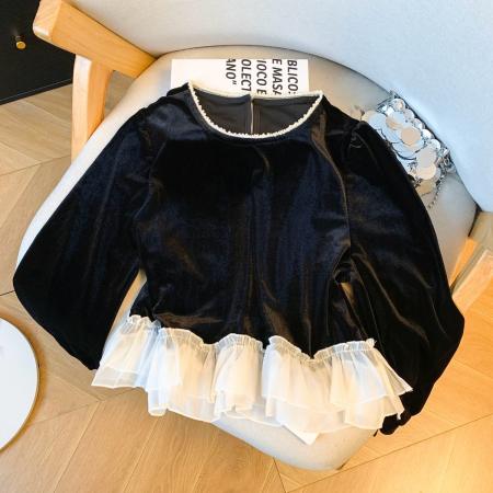 FA53234# 法式重工钉珠圆领丝绒衬衫女春季独特打底衫撞色裙摆上衣 服裝批發女裝批發服飾貨源