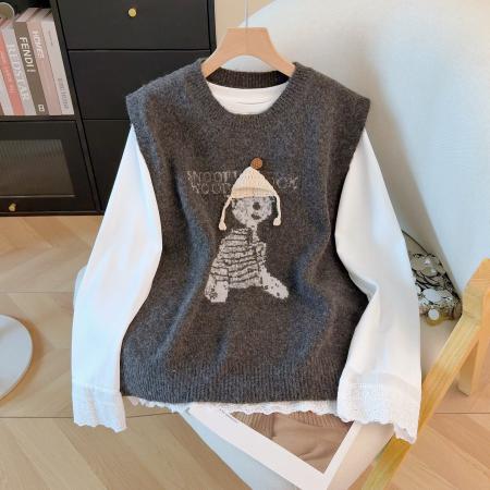 FA53235# 春装新款卡通针织马甲衬衫两件套女氛围感叠穿上衣套装 服裝批發女裝批發服飾貨源