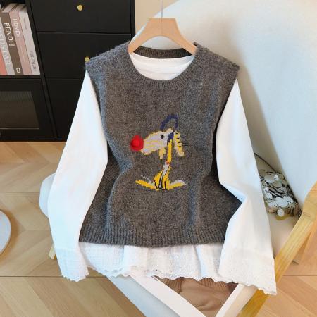 FA53235# 春装新款卡通针织马甲衬衫两件套女氛围感叠穿上衣套装 服裝批發女裝批發服飾貨源