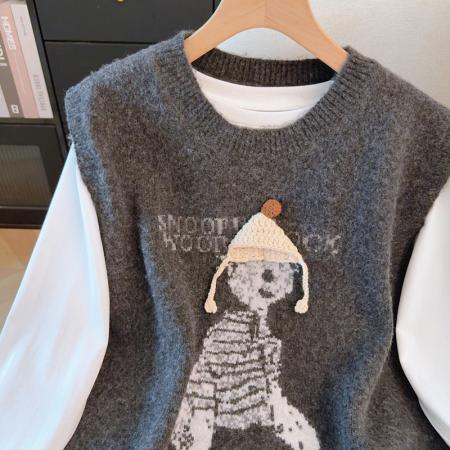 FA53235# 春装新款卡通针织马甲衬衫两件套女氛围感叠穿上衣套装 服裝批發女裝批發服飾貨源