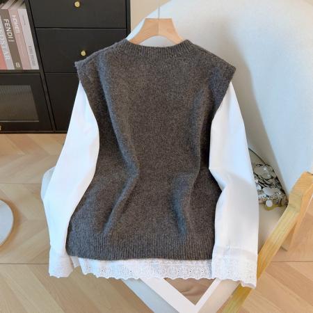 FA53235# 春装新款卡通针织马甲衬衫两件套女氛围感叠穿上衣套装 服裝批發女裝批發服飾貨源