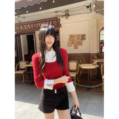 FA53236# ～松间花火冬季新款假两件拼接撞色衬衫拼接针织上衣 服裝批發女裝批發服飾貨源