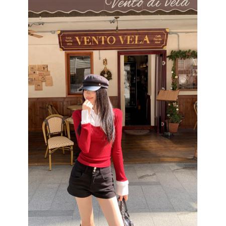 FA53236# ～松间花火冬季新款假两件拼接撞色衬衫拼接针织上衣 服裝批發女裝批發服飾貨源