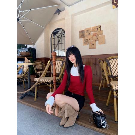 FA53236# ～松间花火冬季新款假两件拼接撞色衬衫拼接针织上衣 服裝批發女裝批發服飾貨源