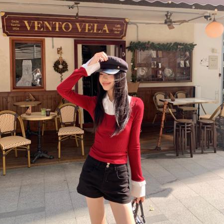 FA53236# ～松间花火冬季新款假两件拼接撞色衬衫拼接针织上衣 服裝批發女裝批發服飾貨源