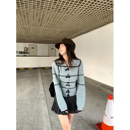 FA53239# ～蓬松肌理感娃娃领针织衫高级感条纹开衫毛衣外套早秋 服裝批發女裝批發服飾貨源