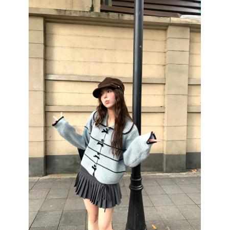 FA53239# ～蓬松肌理感娃娃领针织衫高级感条纹开衫毛衣外套早秋 服裝批發女裝批發服飾貨源