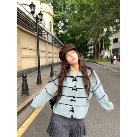 FA53239# ～蓬松肌理感娃娃领针织衫高级感条纹开衫毛衣外套早秋 服裝批發女裝批發服飾貨源