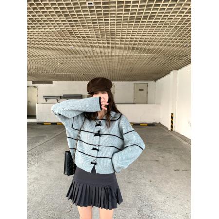 FA53239# ～蓬松肌理感娃娃领针织衫高级感条纹开衫毛衣外套早秋 服裝批發女裝批發服飾貨源