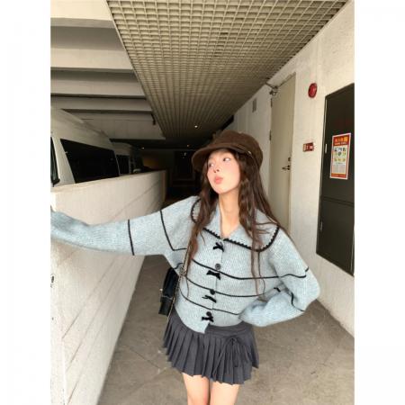 FA53239# ～蓬松肌理感娃娃领针织衫高级感条纹开衫毛衣外套早秋 服裝批發女裝批發服飾貨源