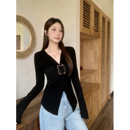 FA53240# 显瘦独特上衣扭结V领打底衫t恤 服裝批發女裝批發服飾貨源