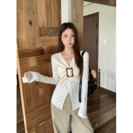 FA53240# 显瘦独特上衣扭结V领打底衫t恤 服裝批發女裝批發服飾貨源