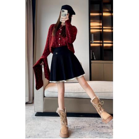 FA53241# 甜美蕾丝花边百褶裙秋季新款高腰显瘦A字短裙针织半身裙 服裝批發女裝批發服飾貨源