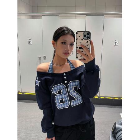 FA53242# 秋季新款贴布露肩挂脖假两件长袖卫衣女宽松休闲显瘦外穿上衣 服裝批發女裝批發服飾貨源