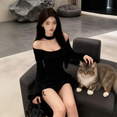 FA53244# 辣妹风性感黑色一字肩露肩长袖连衣裙女秋冬设计感收腰显瘦短裙子 服裝批發女裝批發服飾貨源