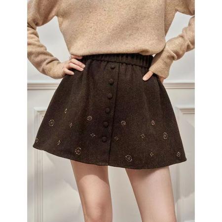 FA53245# 巨好看咖色高腰a字半身裙女冬季新款设计感显瘦通勤百搭休闲短裙 服裝批發女裝批發服飾貨源