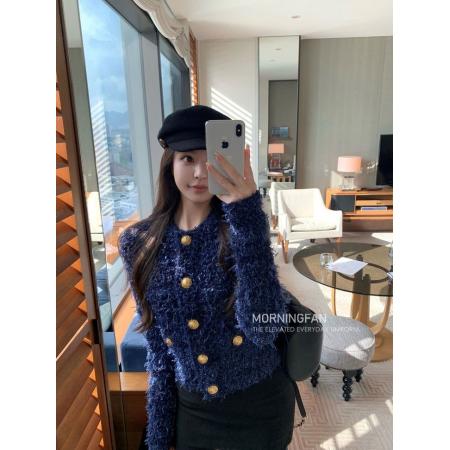 FA53249# 早安樊樊小香风金扣重工定染蓝色系短外套女秋冬款显瘦针织开衫 服裝批發女裝批發服飾貨源