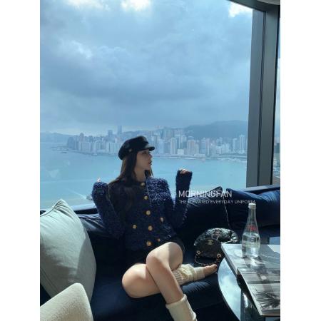 FA53249# 早安樊樊小香风金扣重工定染蓝色系短外套女秋冬款显瘦针织开衫 服裝批發女裝批發服飾貨源