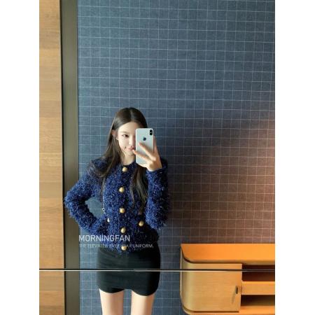 FA53249# 早安樊樊小香风金扣重工定染蓝色系短外套女秋冬款显瘦针织开衫 服裝批發女裝批發服飾貨源