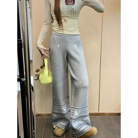 FA53251# 卡通印花休闲裤条纹小猫提花宽松慵懒软糯垂感毛巾针织阔腿裤女 服裝批發女裝批發服飾貨源