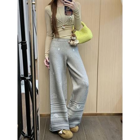 FA53251# 卡通印花休闲裤条纹小猫提花宽松慵懒软糯垂感毛巾针织阔腿裤女 服裝批發女裝批發服飾貨源