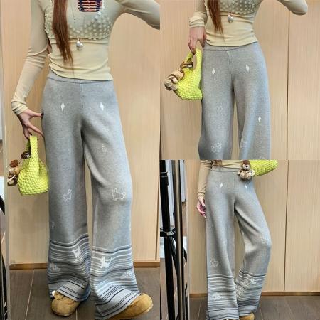 FA53251# 卡通印花休闲裤条纹小猫提花宽松慵懒软糯垂感毛巾针织阔腿裤女 服裝批發女裝批發服飾貨源