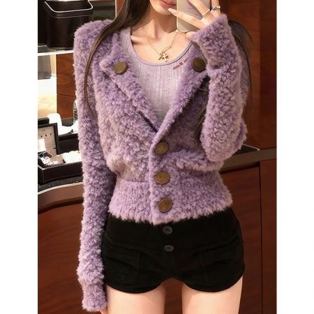 FA53253# 紫色翻领收腰羊羔毛冬季小个子时尚洋气高级感独特漂亮短款厚外套 服裝批發女裝批發服飾貨源