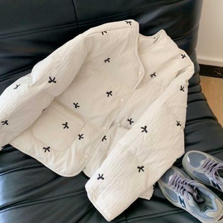 FA53254# 法式甜美减龄满印蝴蝶结棉服女秋冬季高级感复古短款保暖夹棉外套 服裝批發女裝批發服飾貨源