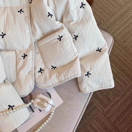 FA53254# 法式甜美减龄满印蝴蝶结棉服女秋冬季高级感复古短款保暖夹棉外套 服裝批發女裝批發服飾貨源