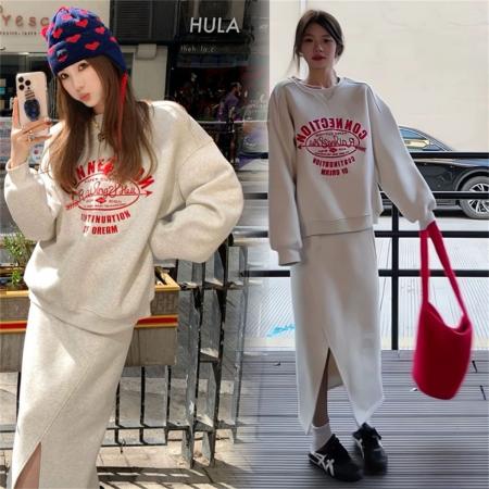 FA53255# 韩系慵懒风卫衣设计感开叉半身群两件一整套穿搭宽松休闲港风 服裝批發女裝批發服飾貨源