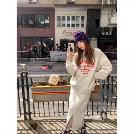 FA53255# 韩系慵懒风卫衣设计感开叉半身群两件一整套穿搭宽松休闲港风 服裝批發女裝批發服飾貨源