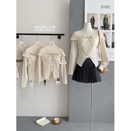 FA53258# 汪澜的妹妹少女心事小心机微透拼接一字肩收腰针织温柔上衣 服裝批發女裝批發服飾貨源