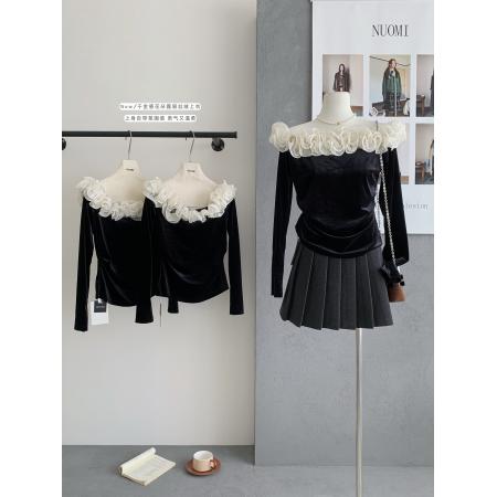 FA53259# 秋冬新款法式名媛绝美气质花边一字领露肩显瘦丝绒小衫 服裝批發女裝批發服飾貨源