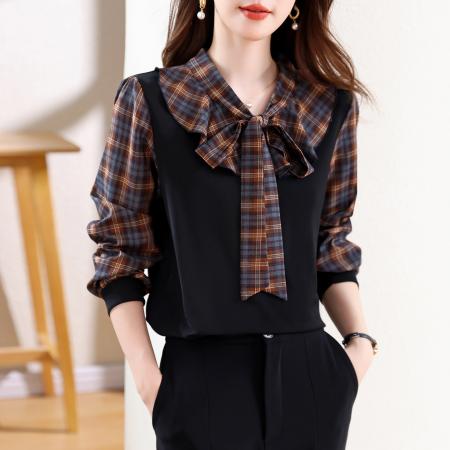 FA53261# 蝴蝶结格子长袖衬衫女士春秋季早秋减龄假两件衬衣女上衣 服裝批發女裝批發服飾貨源