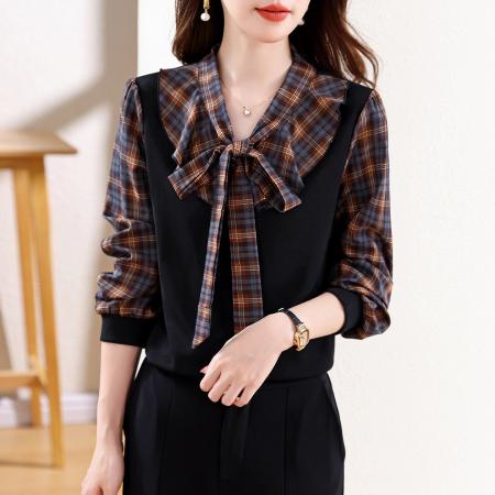 FA53261# 蝴蝶结格子长袖衬衫女士春秋季早秋减龄假两件衬衣女上衣 服裝批發女裝批發服飾貨源