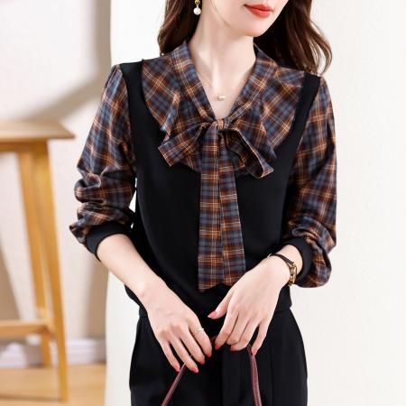 FA53261# 蝴蝶结格子长袖衬衫女士春秋季早秋减龄假两件衬衣女上衣 服裝批發女裝批發服飾貨源