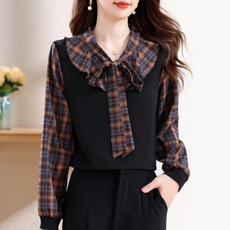 FA53261# 蝴蝶结格子长袖衬衫女士春秋季早秋减龄假两件衬衣女上衣 服裝批發女裝批發服飾貨源