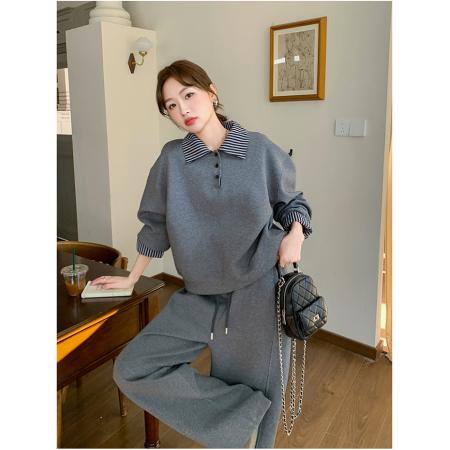 FA53262# 韩系灰色运动套装女春秋宽松显瘦时尚高级感卫衣阔腿裤休闲两件套 服裝批發女裝批發服飾貨源