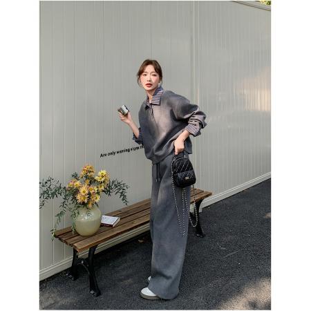 FA53262# 韩系灰色运动套装女春秋宽松显瘦时尚高级感卫衣阔腿裤休闲两件套 服裝批發女裝批發服飾貨源