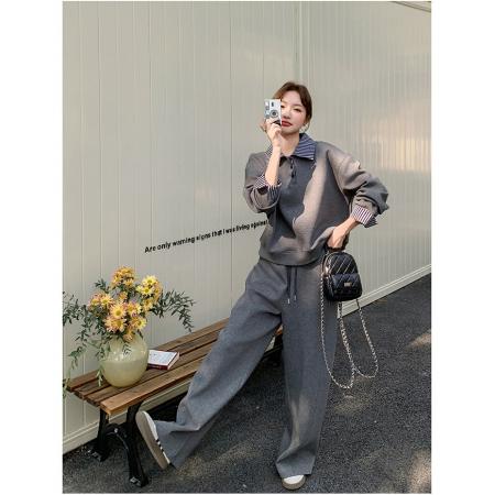 FA53262# 韩系灰色运动套装女春秋宽松显瘦时尚高级感卫衣阔腿裤休闲两件套 服裝批發女裝批發服飾貨源