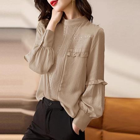 FA53263# 早春新款复古立领灯笼袖木耳边蕾丝刺绣真丝桑蚕丝衬衫上衣女 服裝批發女裝批發服飾貨源