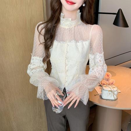 FA53265# 春季法式纯欲蕾丝打底衬衫女设计感网纱拼接修身长袖上衣 服裝批發女裝批發服飾貨源