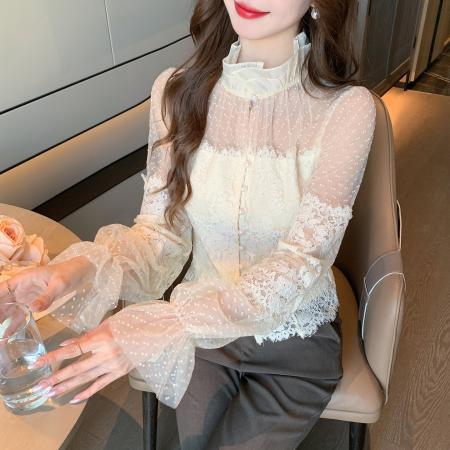 FA53265# 春季法式纯欲蕾丝打底衬衫女设计感网纱拼接修身长袖上衣 服裝批發女裝批發服飾貨源