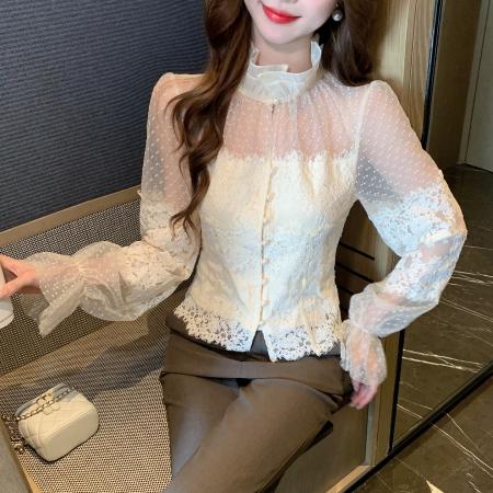 FA53265# 春季法式纯欲蕾丝打底衬衫女设计感网纱拼接修身长袖上衣 服裝批發女裝批發服飾貨源